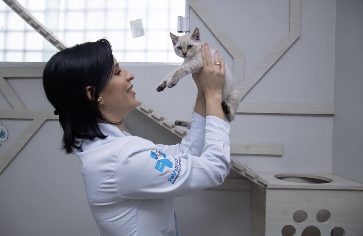 Dra. Vanessa Brígida em atendimento com gatinho filhote